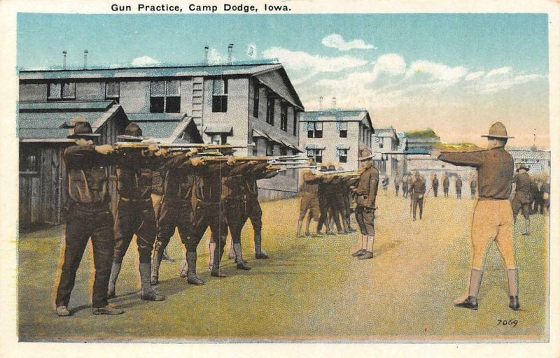JOHNSTON, Iowa IA   GUN PRACTICE~CAMP DODGE  Soldiers~Rifles  MILITARY  Postcard