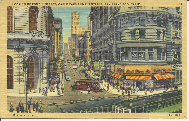 Looking Up Powell Street, Cable Cars and Turntable, San Francisco, Calif