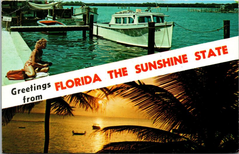 Vtg 1970s Greetings from Florida The Sunshine State Multiview Sunset FL Postcard