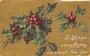 Merry Christmas & New Year 1908 Postcard Holly Fenwick West Virginia Cancel