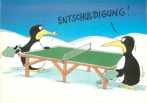 Comic postcard penguins playing table tenis ping pong humour signed Stein