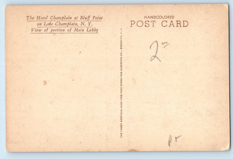 c1940 Lake Champlain New York Postcard Hotel Bluff Point View Portion Main Lobby