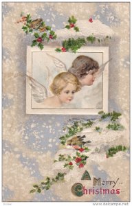 CHRISTMAS; Angels faces, Snow fall over pine tree branches, Sparrow Birds, PU...