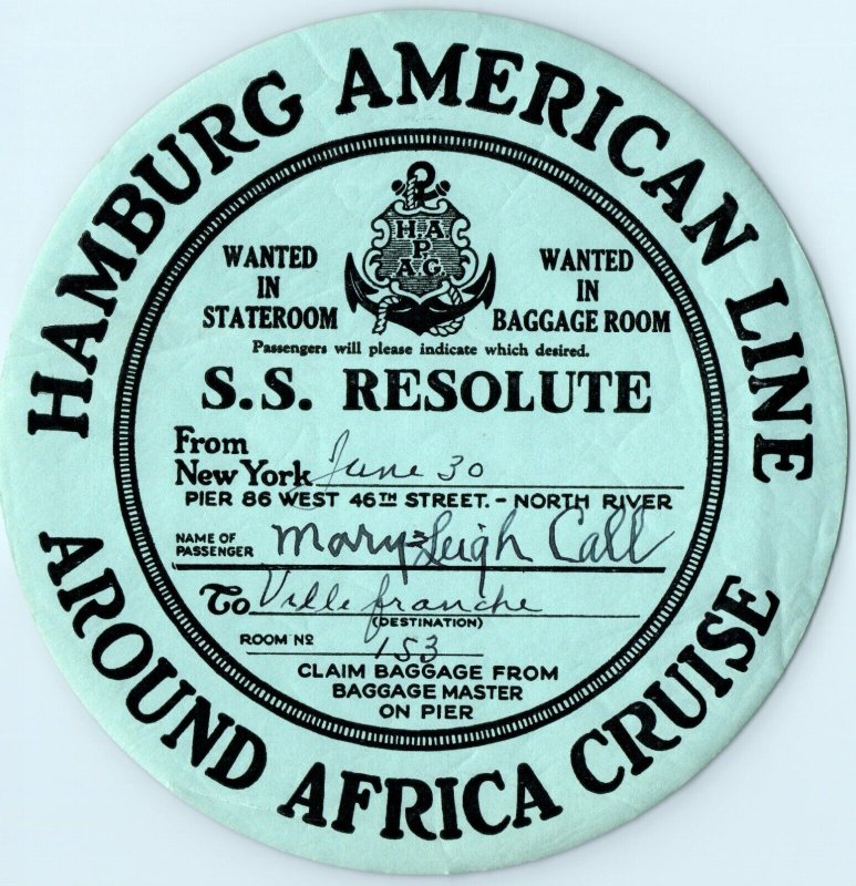 USED c1930s SS Hamburg American Line Luggage Label Mediterranean Steamship 2C