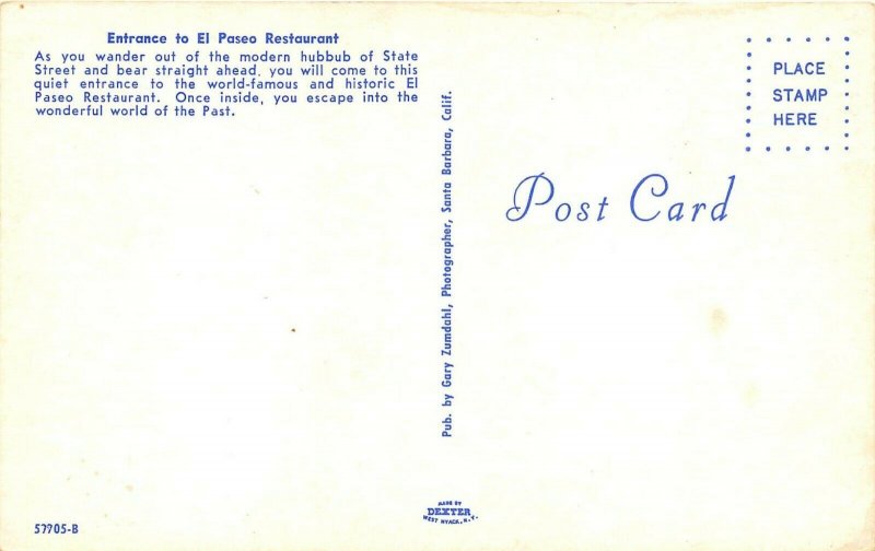 Santa Barbara California 1960s Postcard Entrance To El Paseo Restaurant