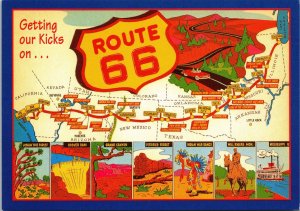 VINTAGE CONTINENTAL SIZE POSTCARD GETTING OUR KICKS ON ROUTE 66 MULTI-VIEWS