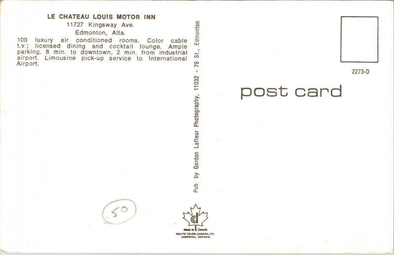 Le Chateau Louis Motor Inn Edmonton Alta Canada Postcard VTG UNP Vintage Unused 