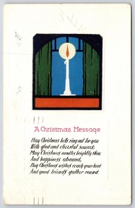 Vintage Postcard 1928 Christmas Message Greetings! White Candle Brightly Shines