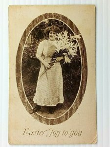 Vintage Postcard 1905 Easter Joy to You Holiday Woman Holding Flowers