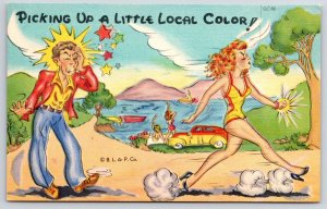 Picking Up A Little Local Color! Couple Quarell At The Beach Comic Postcard