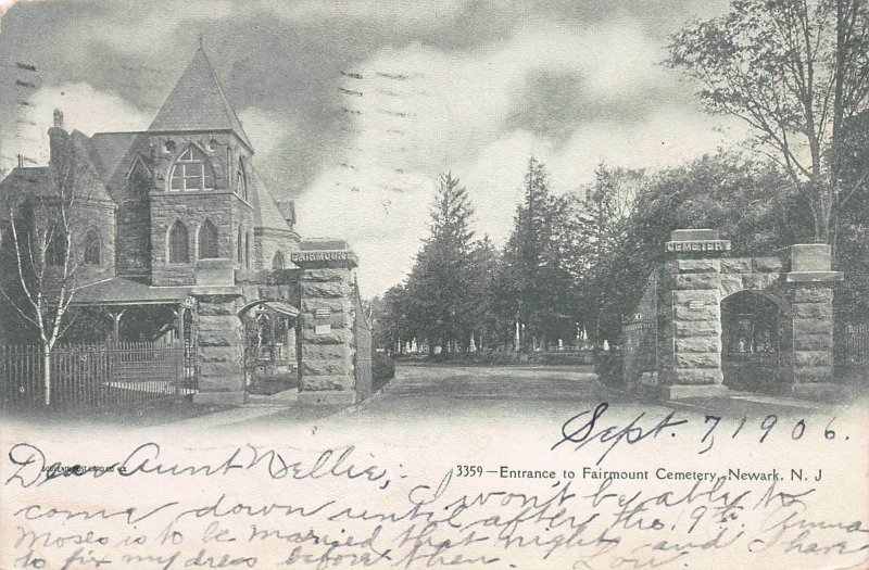 Entrance to Fairmount Cemetery, Newark, New Jersey, Early Postcard, Used in 1906