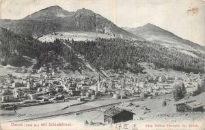 SCHIAHORNER DAVOS PLATZ SWITZERLAND TO USA TOWN & MOUNTAIN VIEW POSTCARD 1908