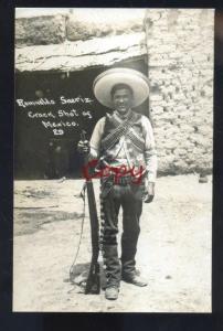 REAL PHOTO MEXICAN BORDER WAR MEXICAN SHARP SHOOTER SAERIZ POSTCARD COPY