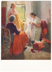 1957 L. Muuga Women sewing Sew Socialist realism Russian art old postcard