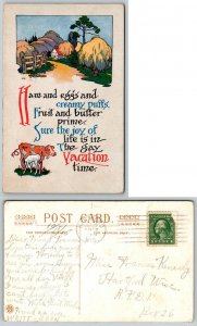 1915 Vintage Postcard Cow Calf Farm Ham Eggs Creamy Puffs Poem