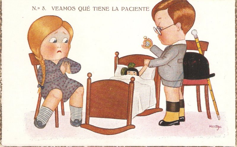 Boy and girl playing doctors Nice Spanish postcard 1930s