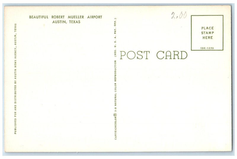 c1950's Beautiful Robert Mueller Airport Control Tower Austin Texas TX Postcard