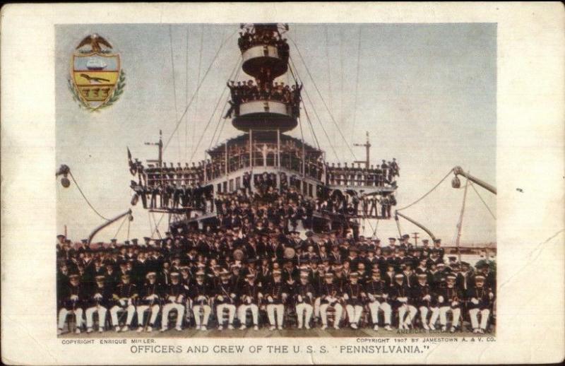 1907 Jamestown Expo #92 USS Pennsylvania Crew Amoss MD Cancel Postcard