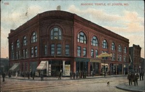St. Joseph MO Masonic Temple & Street c1910 Postcard