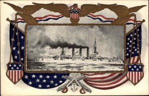 US Navy Battleship USS Connecticut American Flag Border c1910 Postcard 