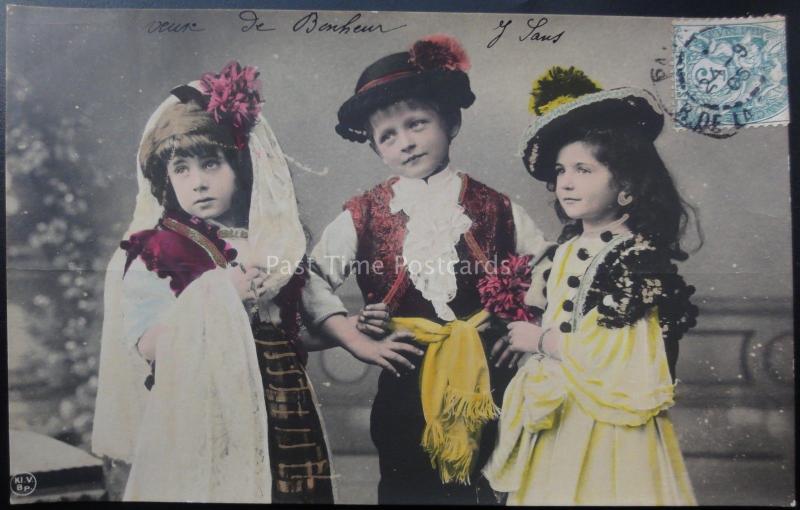 Children Playing at Dressing Up in SPANISH COSTUME Wonderful Postcard c1905