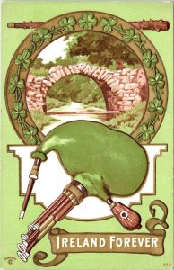 Vintage P Sander Embossed  IRELAND FOREVER  Bagpipes/Clovers  ca1910's Postcard