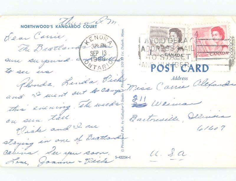 Pre-1980 NORTHWOOD KANGAROO COURT Postmarked Kenora Ontario ON E8981