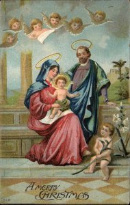 Christmas Joseph and Mary with Halos and Baby Jesus c1910 Vintage Postcard