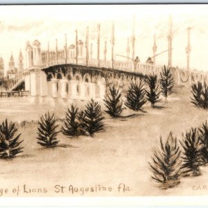 c1930s St Augustine Bridge of Lions RPPC Edith A Lowell Painting Real Photo A99