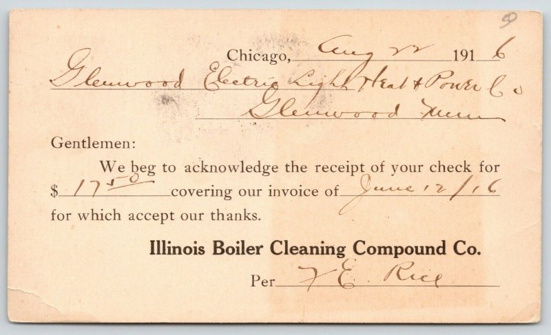 Chicago Illinois Boiler Cleaning Compound Co~1916 Postal To Glenwood MN Electric 