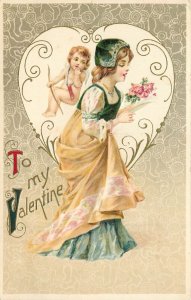 Winsch Schmucker Valentines Day Embossed Postcard Woman & Cupid Art Nouveau