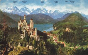 Neuschwanstein Castle Alpsee Germany Vintage Postcard 1937 Munich Postmark