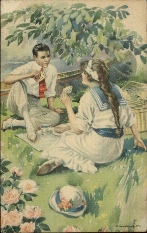 Romance Lovers Picnic Canoe Pretty Woman c1915 Postcard