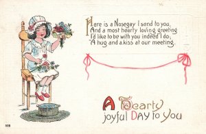 Vintage Postcard Hearty Joyful Day To You Greetings Beautiful Girl w/ Flowers