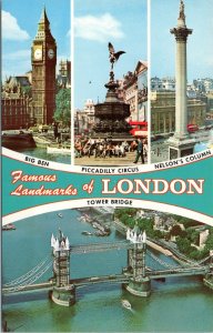 postcard UK London multiview - Big Ben, Picadilly Circus, Tower Bridge, Nelson