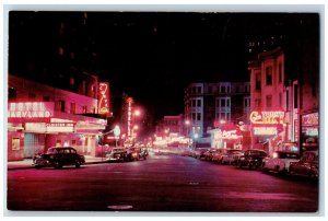 Chicago Illinois Postcard Rush Street Night Buildings Classic Cars c1960 Antique