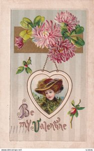 VALENTINE, PU-1912; Picture of woman in heart shaped frame, Pink Hydrangea Fl...