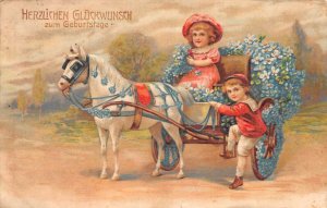 Birthday Greetings Floral Decorated Horse Carriage Vintage Postcard AA71472