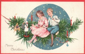 1916 Christmas Greetings Boy & Girl on Holly Branch Santa, Holiday, Old Postcard