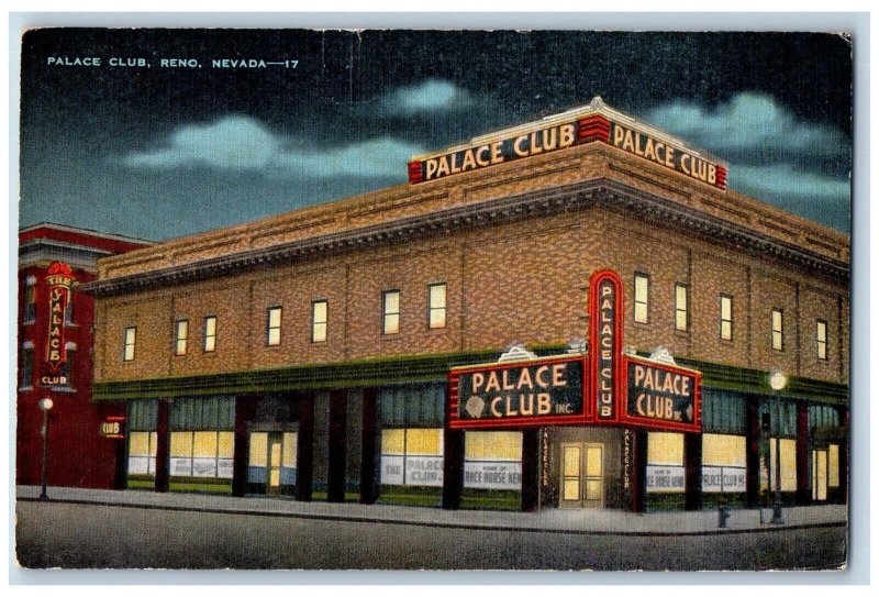 Reno Nevada Postcard Palace Club Night Scene Building Exterior View 1940 Vintage