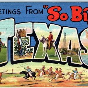 c1940s State of Texas Greetings So Big Linen Cowboy Postcard JR Willis A114