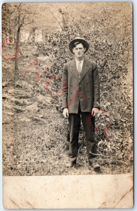 c1910 Bloomfield, Neb. Man in Forest RPPC Real Photo S Elwood Music Dealer A140