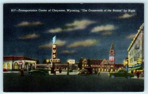 CHEYENNE, WY  Transportation Center BUS DEPOT Lincoln Highway at Night  Postcard