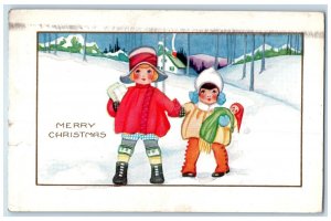 1924 Christmas Girls With Gift And Doll Winter Snow Woodlawn PA Vintage Postcard