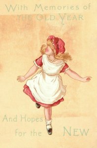 Victorian New Year's Wishes Trade Card, Lovely Young Girl Red Bonnet Running Z9