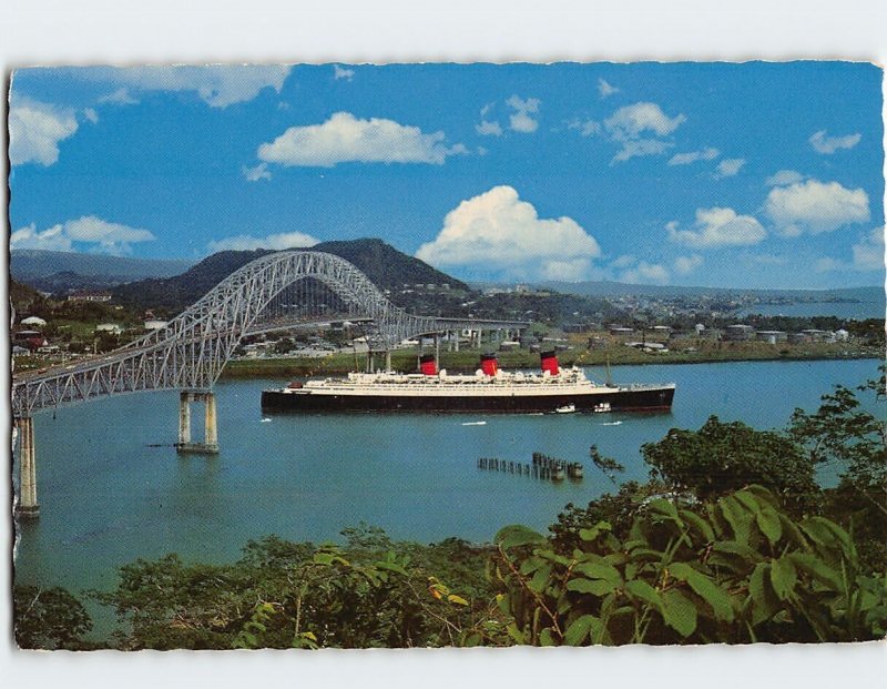 Postcard Queen Mary Ocean Liner Passing Under the Bridge of Americas Panama