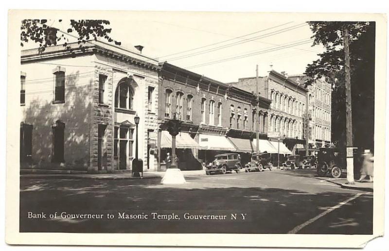 Gouverneur NY Masonic Temple Store Fronts Bank Old Cars RPPC Real Photo Postcard