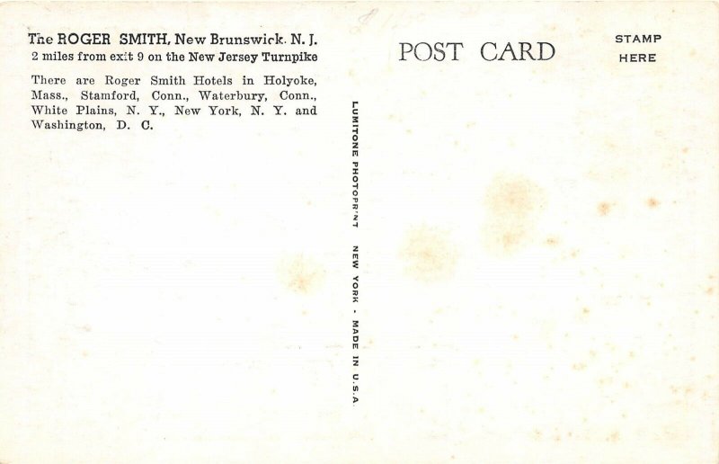 New Brunswick New Jersey 1940s Postcard The Roger Smith Hotel