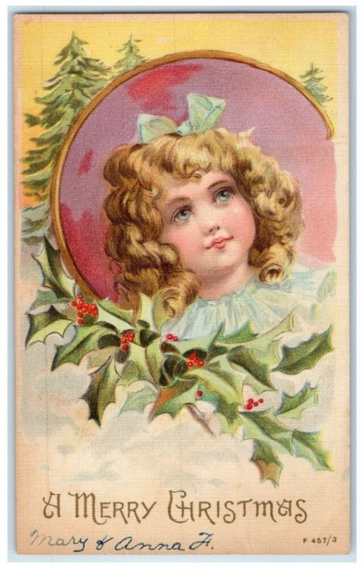 1907 Merry Christmas Cute Little Girl Holly Berries Brooklyn NY Antique Postcard