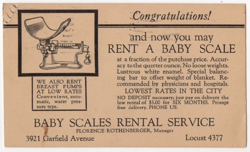 HP082221 Vintage Baby Scale Rental Advertisement Postcard Minneapolis MN